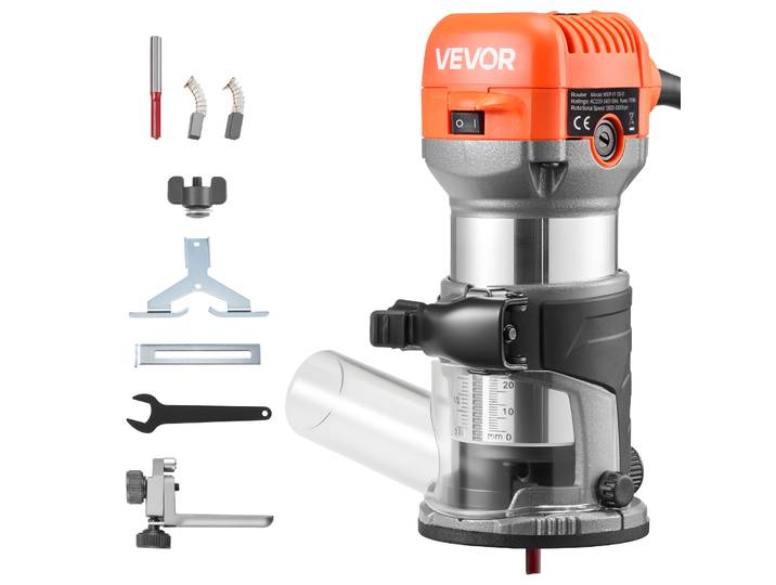 Vevor Affleureuse 710 W Defonceuse Compacte 6 Vitesses Variables Pour Travail Du Bois\, Finition\, Bricolage\, Avec Demarrage Progressif\, Base Fixe\, Capot Deaspiration Poussiere\, Guide Parallele\, Filaire