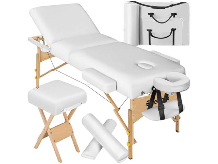 tectake® Massageliege klappbar, höhenverstellbar, Möbel und Zubehör für Massage, Tattoo oder Kosmetik, extra dick gepolstert, Zubehör 2 Lagerungsrollen, Hocker, Tasche, Aluminium Kopfstütze - weiß