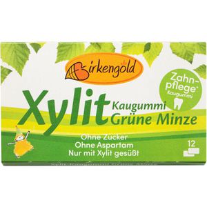 Birkengold Kaugummis Xylit Kaugummi Grüne Minze, zur Zahnpflege, zuckerfrei, Blister mit 12 Dragees