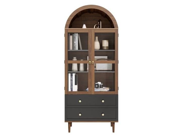 Vitrine de rangement – Style rétro – Finition noyer – Portes vitrées – Étagères réglables – 2 tiroirs