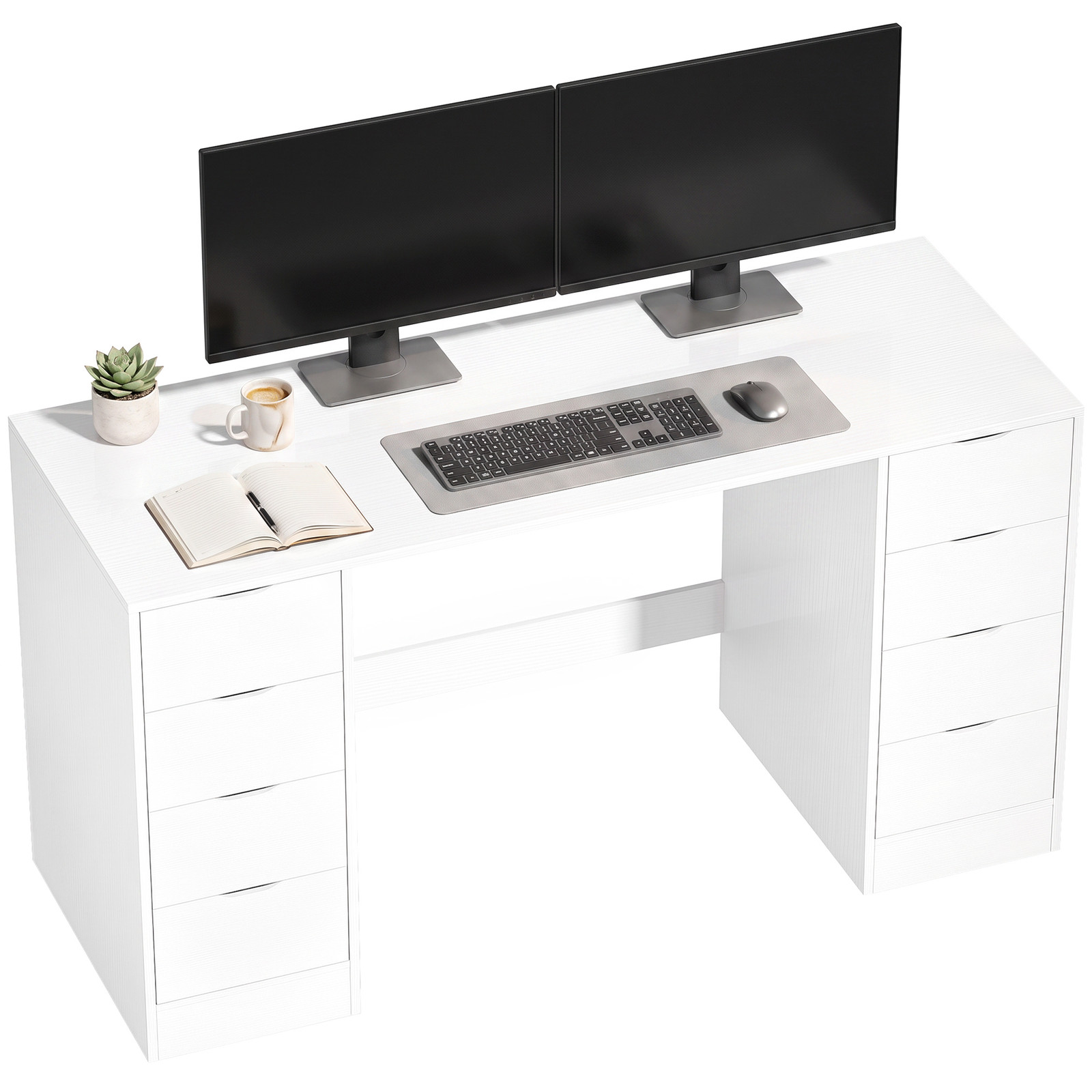 HOMCOM Bureau met 8 laden, modern computerbureau met opbergruimte, witte houtlook, Breedte: 140 cm