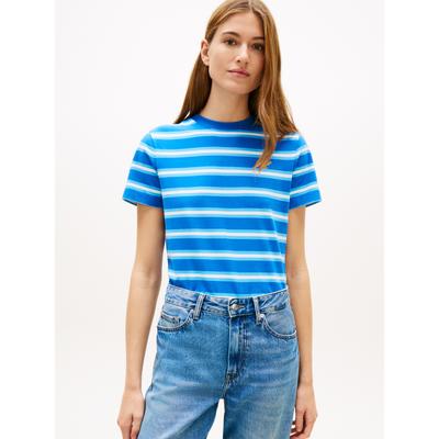 Kurzarmshirt TOMMY HILFIGER "TH SCRIPT REGULAR C-NECK SHORT SLEEVE TEE", Damen, Gr. L (42/44), blau (preppy stripe blau orbit, frigid), Single Jersey, Obermaterial: 95% Baumwolle, 5% Elasthan, gestreift, gerade normal, Rundhals, abgesteppte Kante,...