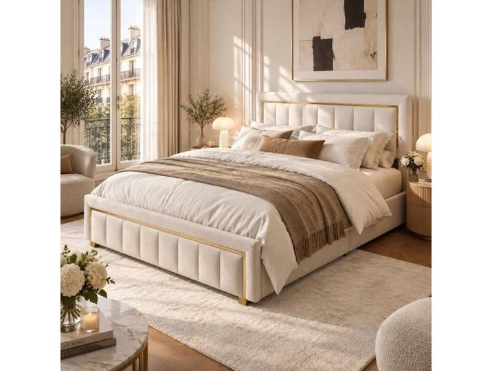 Lit Capitonné 140x200 Lit Coffre avec Rangement Lit en Velours Lit Rembourré au Design Moderne Adultes Double Beige Blanc