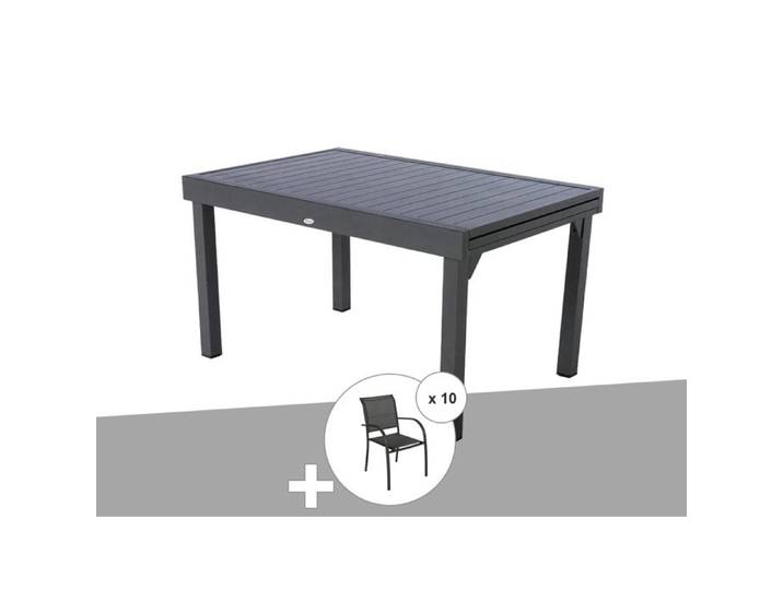 Ensemble repas rectangulaire extensible alu Graphite + 10 fauteuils Piazza - Hespéride