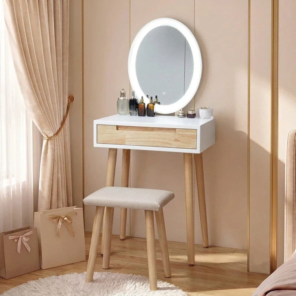 Norden Home 60cm Desktop Dressing Table With Led Lighted Mirror, Makeup Vanity Desk With Stool and Drawer Beige 137cm H X 60cm W X 40cm D