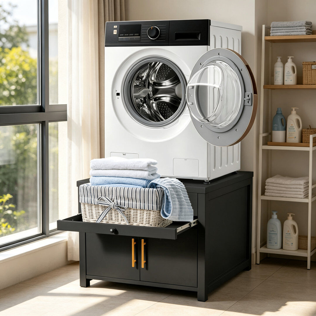 YODOLLA Laundry Pedestal Washing Machine Stand With Storage Drawer Black 58.4cm H X 73.6cm W X 73.6cm D