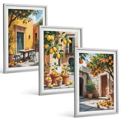 BILDER SET 3er Set - 40x60 cm Silberner Rahmen - Zitrusfrüchte im Garten
