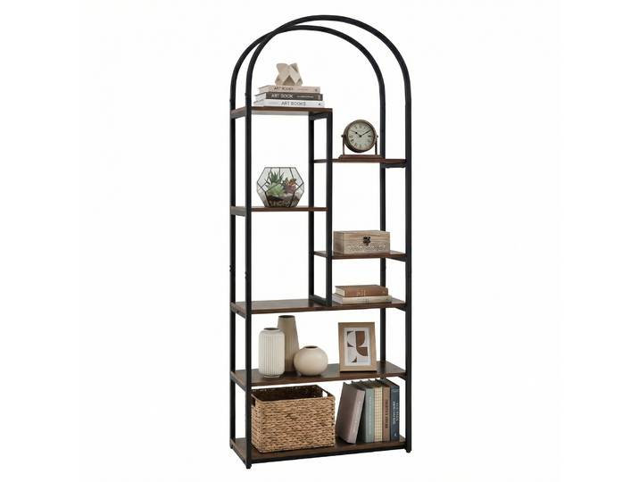 Boekenkast rek met 7 Planken Gebogen Metalen rek in Industriële Stijl Presentatierek Staand Rek 70 x 30 x 181,5 cm Bruin