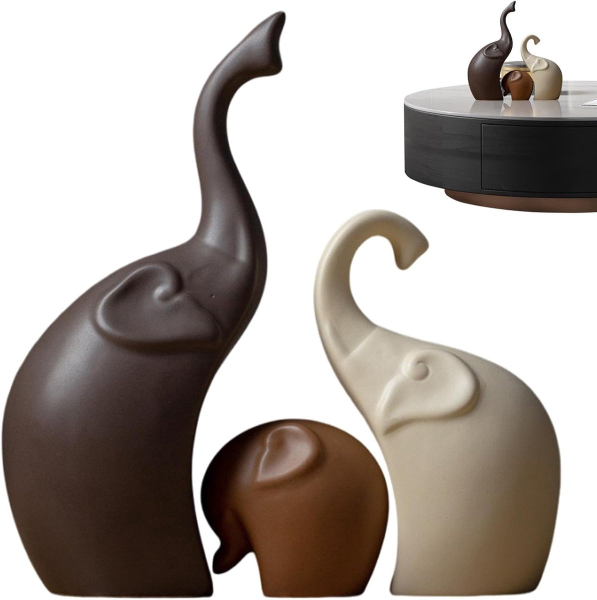 Set van 3 keramische olifant sculpturen in moderne minimalistische stijl voor huisdecoratie