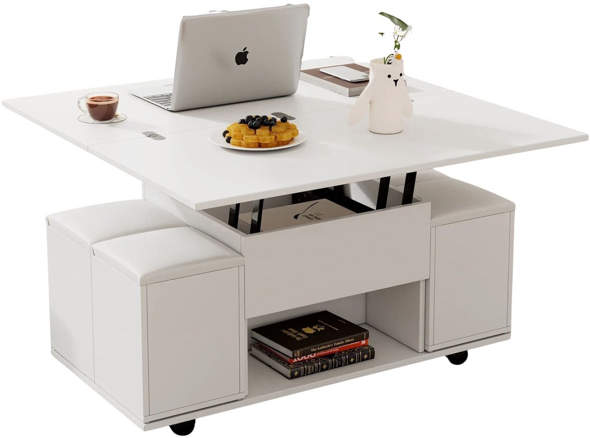 Betaalbare Goederen® Salontafel - Wit - Rechthoekig - 2-laags houten salontafel met opbergplank - Industrieel design