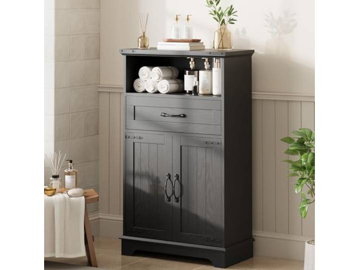 GarveeMore Buffet Für Landhaus Mit Türen & Schubladen, Freistehendes Badezimmer-Schrank Für Küche Wäscherei Wohnzimmer Schlafzimmer, Kitchen Cabinet Sideboard, 60×30×102 h cm, Schwarz
