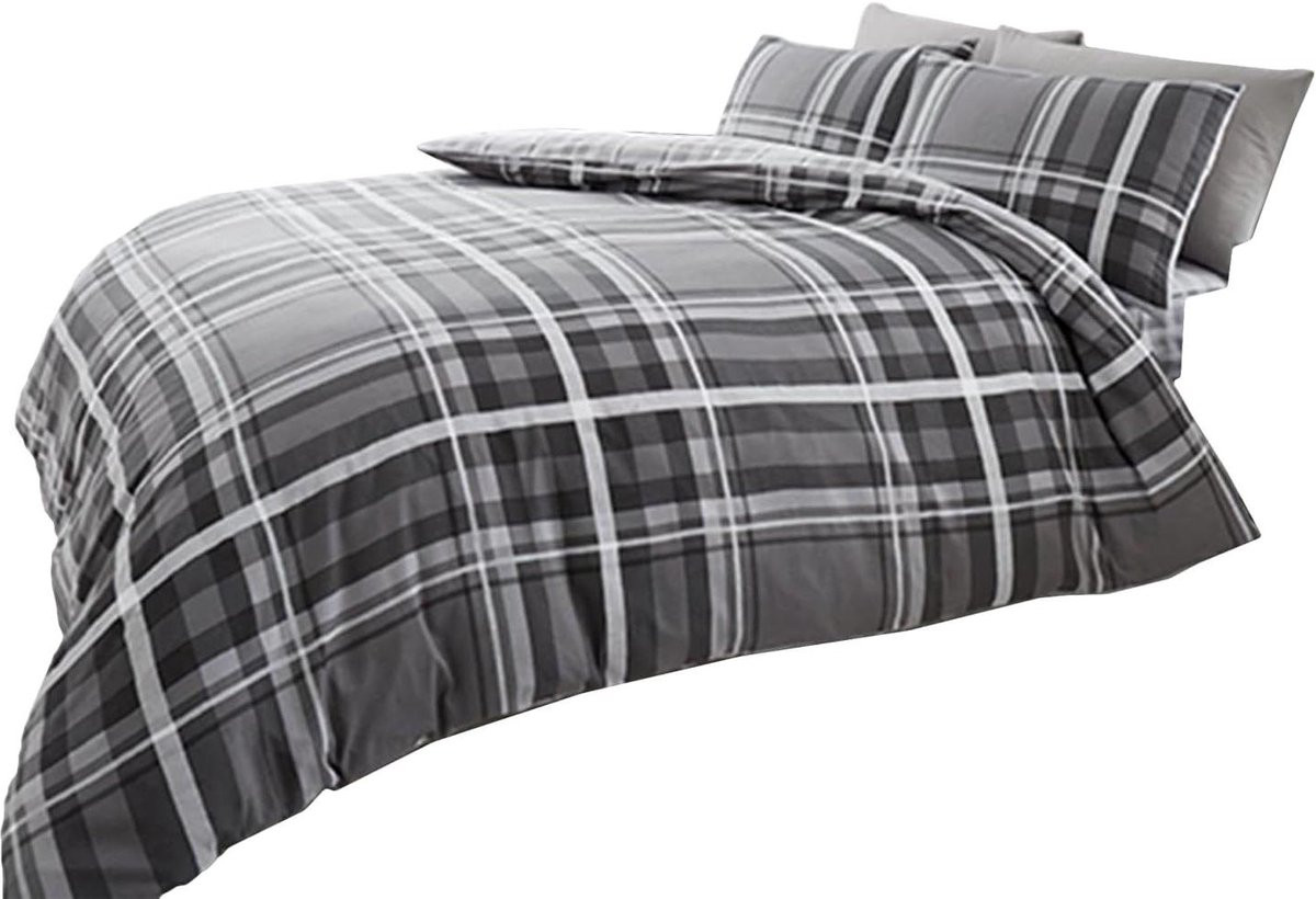 Grijs Kingsize Dekbedovertrek Set met Omkeerbaar Tartan Patroon
