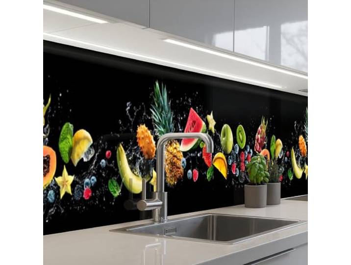 KitchenYeah© Rückwand Küche Rückwandschutz Selbstklebend Spritzschutz 60x400 cm - Küchenrückwand Küchenfront Küchen Selbstklebende Küchenrückwände Spritzer - Obst - Schwarz