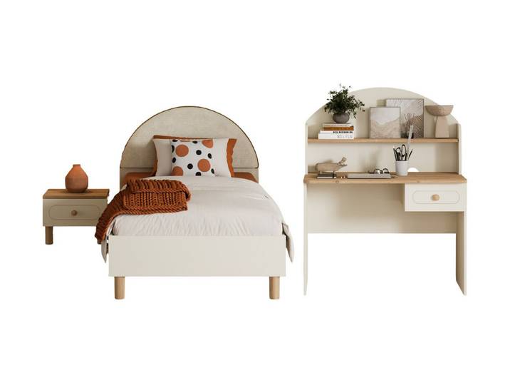 Villa Möbel Jugendzimmer-Set Sorelia, (Jugendzimmer-Set, 3-tlg., Bett mit Kopfteil, 1 x Nachttisch und Schreibtisch), Bett Schreibtisch mit Ablage und warmer Holzoptik für Ordnung