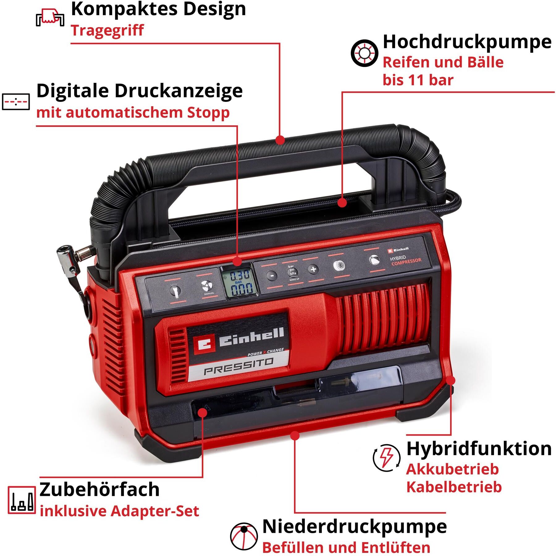 Akku-Handkompressor EINHELL "Pressito 18/25 Hybrid Kit", rot (weiß, neutral), Kompressoren, Akku-Handkompressor weiß, neutral Einheitsgröße