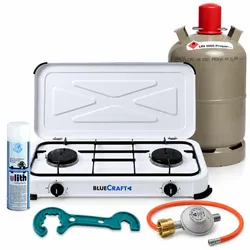 Camping Gaskocher Mobi 2-flammig, weiss  mit Zündsicherung, Gasschlauch, Gasregl...