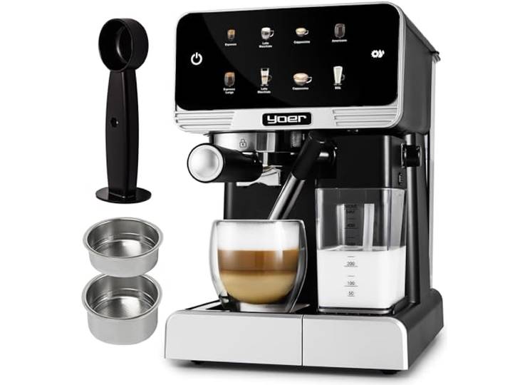 YOER Kaffeevollautomat mit Milchsystem, 8 automatische Programme 20 bar, 1350W, Touchscreen, Milchaufschäumer, Espresso, Cappuccino & Latte, 2-Tassen-Funktion, Creamo EMF03BK, schwarz