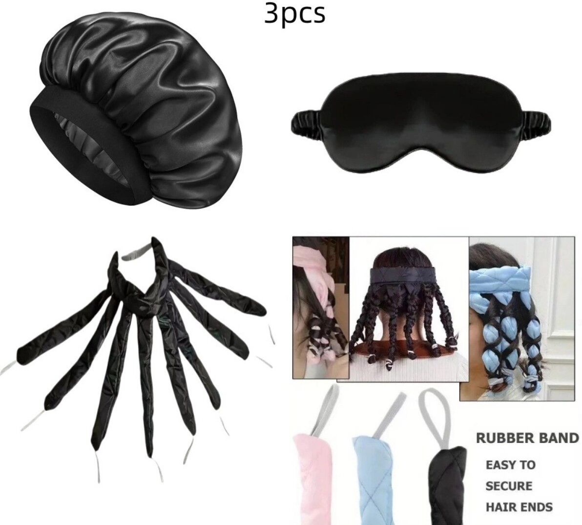 INF Ensemble 3 pièces Bigoudis Pieuvre Sans Chaleur à Finition Satin - Bigoudis de Nuit Noir