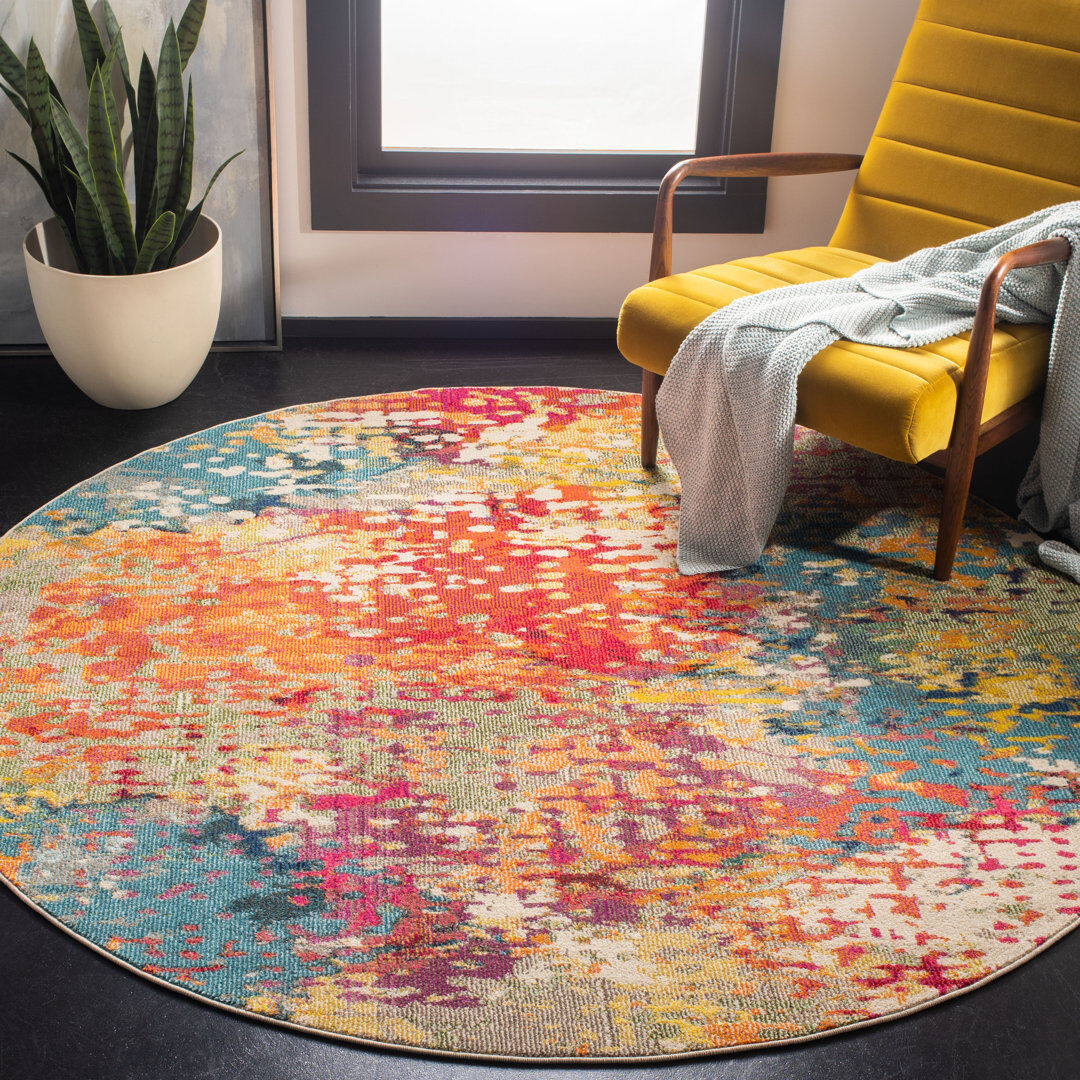 Mistana Minogue Abstract Area Rug Ivory/Orange/Blue Round 152 cm