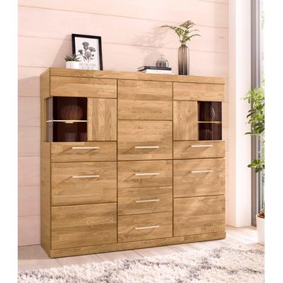 Highboard OTTO HOME "Ribe,125cm breit,115cm hoch, Fronten Massivholz,5Türen,3 Schubladen", braun (eiche teilmassiv), B:125cm H:115cm T:35cm, Holz teilmassiv, Sideboards, Highboard, Holz massiv, Holzwerkstoff, Metall Griffe,10Fächer, Böden...