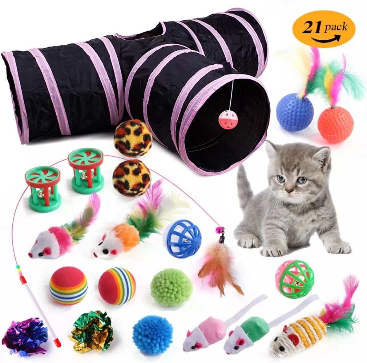 INF 21-teiliges interaktives Katzenspielzeug-Set – Feder-Spielzeug, Klingel-Bälle, Dreikanal-Tunnel für Spiel, Bewegung &
