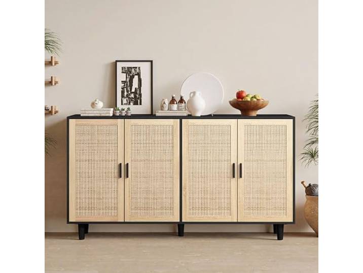Switdo Rattan Wohnzimmerschrank 4 158CM Schwarz Schrank Ablage Spanplatte Verstellbare Ablage mit drei Höheneinstellungen