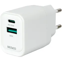 Deltaco USBC-AC159 (35 W, 2 Ports), USB Ladegerät, Weiss, Schwarz