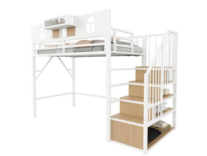Modfu Metall-Hochbett aus Metall 90x200 cm Weiß mit Stauraumleiter, Lichtleiste und Ablagefächern, 90x200 cm, Babymöbel & Kindermöbel, Kinderzimmer & Jugendzimmer, Kinderbetten, Hochbetten