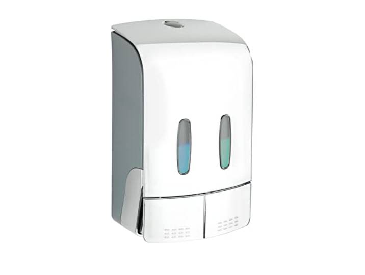 WENKO 2-Kammer Desinfektionsmittel- und Seifenspender Tartas Chrom, hygienischer Wand-Spender für Desinfektionsmittel, flüssige Seife etc. ohne Bohren, Füllmenge je Kammer: 480 ml, 14,5 x 24 x 9 cm
