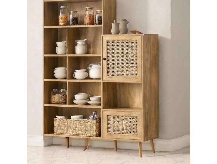 Buffet haut 90x32.5x120 cm panneaux de particules aspect chêne et cannage 2 portes 2 niches