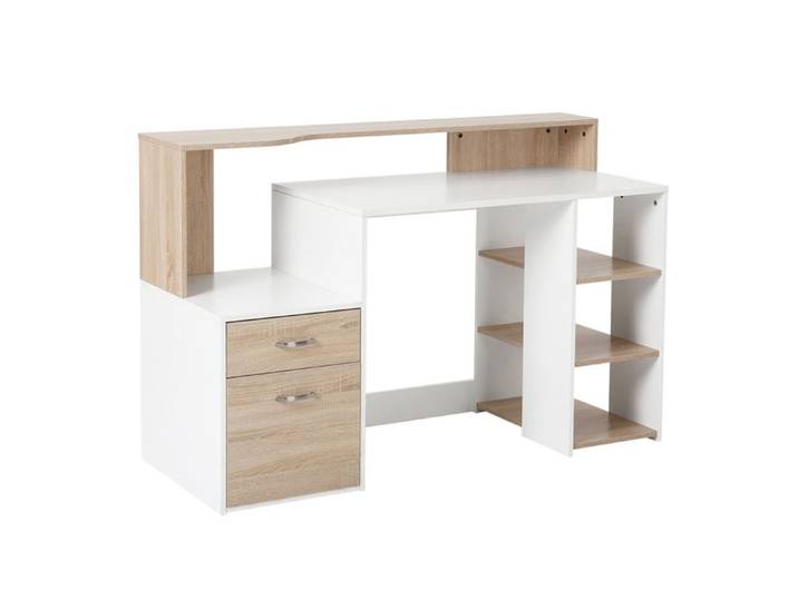 Bureau informatique avec 2 tiroirs bureau avec rangement 137 x 55 x 92 cm étagères ouvertes et tablette