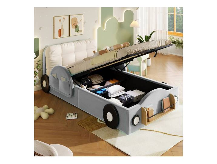 KEFEYA Polsterbett Kinderbett/Jugendbett mit Samtbezug (hydraulischem Bettkasten & Bücherablage – Kinderbett für Kinderzimmer und Jugendzimmer mit großem Kopfkissen, 1-tlg., 90x200cm)