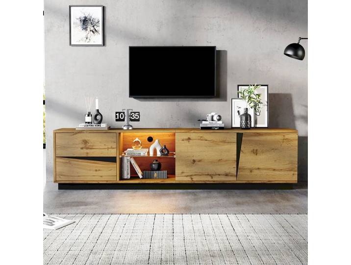 Meuble TV bas 180x35x45 cm Meuble de rangement salon en MDF avec 2 portes 2 tiroirs 2 compartiments étagère en verre naturel