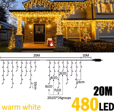 Inspire Curations Waterproof 8 Mode LED Icicle Curtain Lights btd 20m480b ww eu Plug