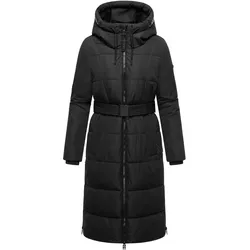 NAVAHOO Damen Steppmantel lang Wintermantel Parka Jacke wasserabweisend, Kapuze, Teddyfell, Kragen, Gürtel Herbstnebel