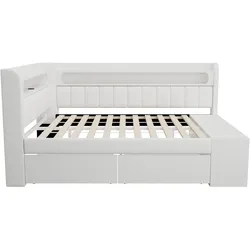 OKWISH Polsterbett aus MDF, Sperrholz und Leinen in Weiß, 90x200 cm, mit LED-Beleuchtung, USB-Anschluss, Schubladen und Schuhschrank