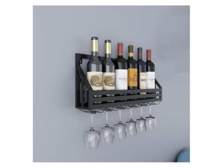 Failjierue Wandmontiertes Weinregal mit schwebenden Regalen Weinglasregal zur Wandmontage mit hängenden Metallregalen im Kelch-Design, 60 x 25 x 13 cm(Black)