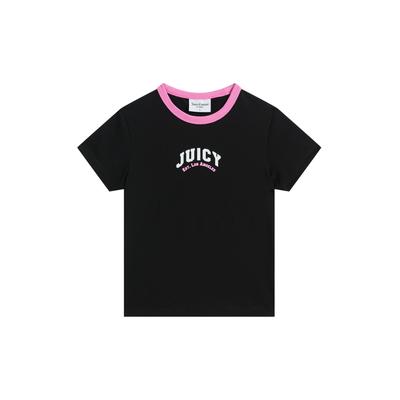T-Shirt JUICY COUTURE "COLLEGIATE SPORTS RINGER TSHIRT. Damen", Damen, Gr. M, schwarz, Jersey, 95% Baumwolle, 5% Elasthan, normal taillenlang, Rundhals, Shirts T-Shirt, T-Shirt Damen, Schriftzug, Sportshirt, Logoprint, Trikot, Sale