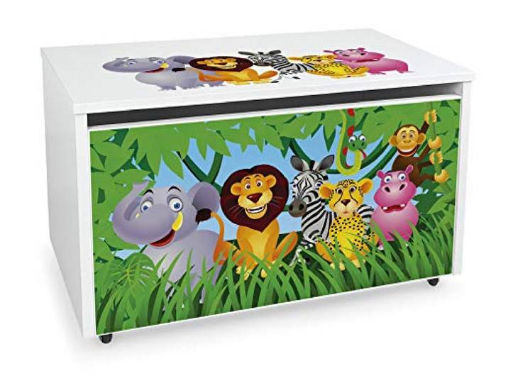 Leomark Coffre de Rangement pour Enfants - JUNGLE- Organisateur à jouets en bois\, Conteneur à jouets\, banc sur roulettes\, Dimensions: L 71 x P 40 x H 46 cm