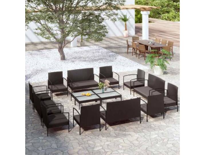 WDGJJFECNMUEHI Résine tressée Acier Jardin terrasse Ensemble 16 pièces Noir Salon de jardin 16 pcs avec coussins Résine tressée Noir Ensemble mobilier terrasse extérieur canapé fauteuil table verre