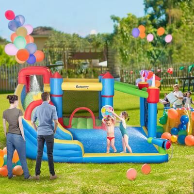 Outsunny 6-in-1 Inflatable Water Slide, Kids Castle Bounce House Includes Slide, Trampoline, Pool, Water Gun, Climbing Wall
