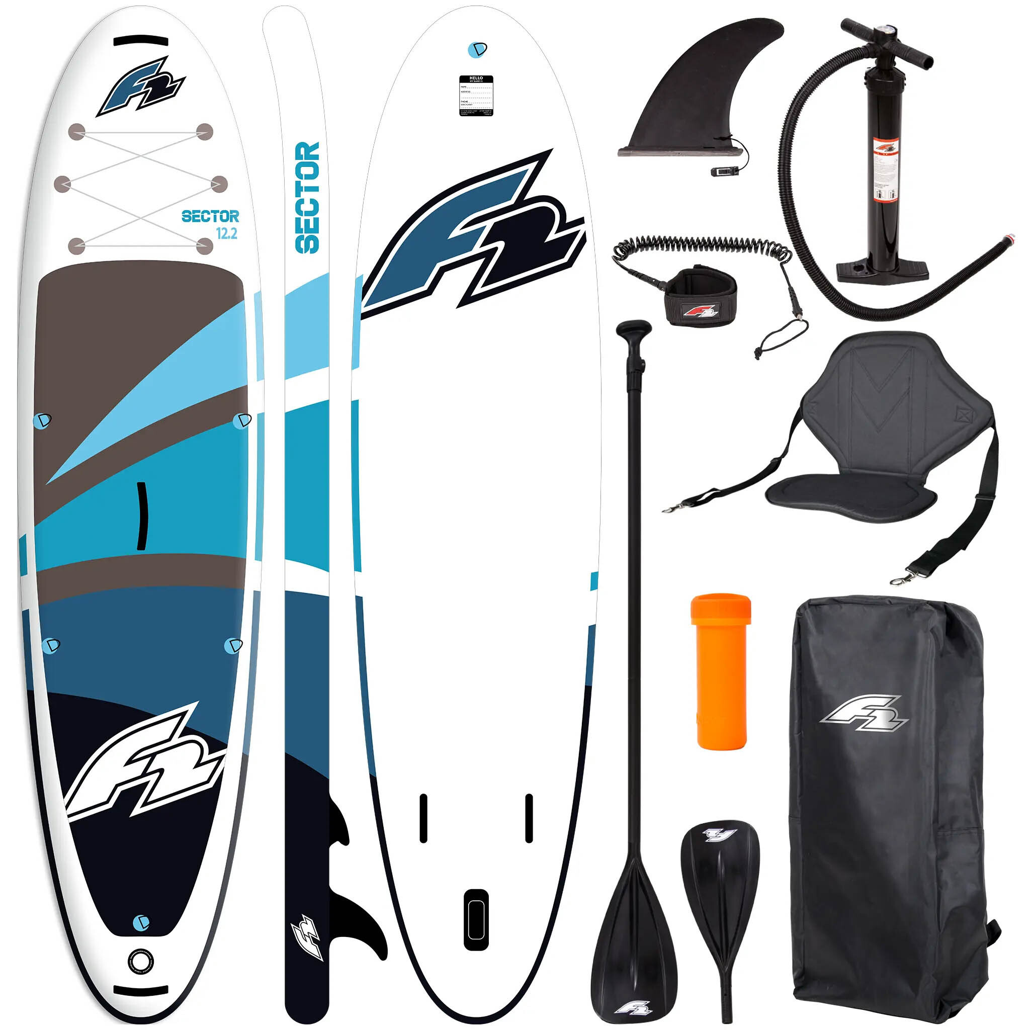 F2 SECTOR 12'2" BLUE COMBO Aufblasbares SUP Board Set - 372x86x15 cm - 180 kg Tragkraft - Kajak-Sitz & 4-teiliges Paddel