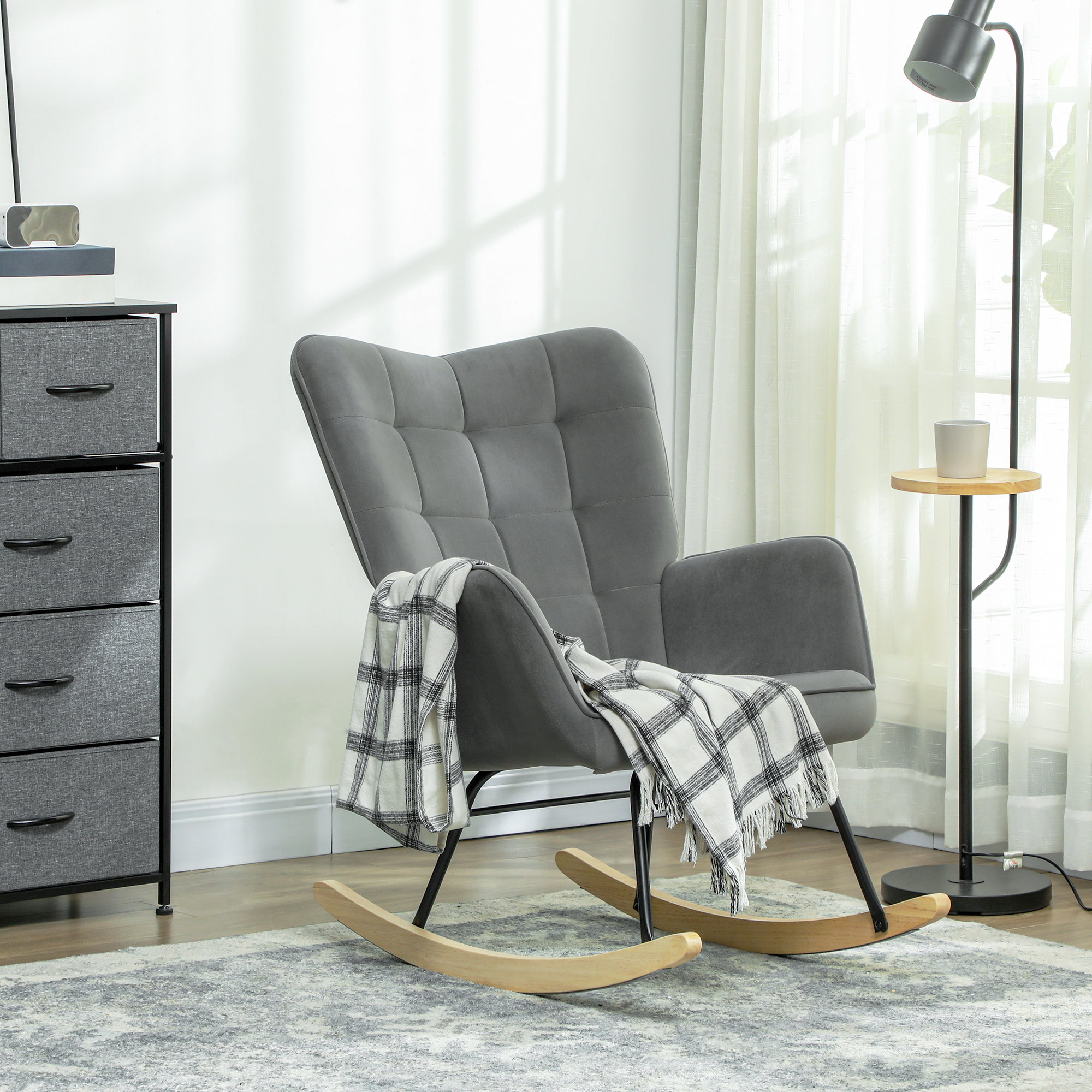 Homcom Poltrona a Dondolo Vintage, Pattini Curvi, Imbottitura Spessa, Legno di Faggio & Acciaio, Grigio Scuro