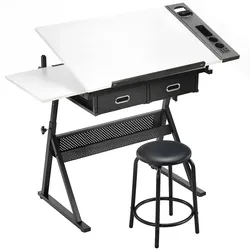 ZEICHENTISCH mit Hocker aus MDF Metall Weiß