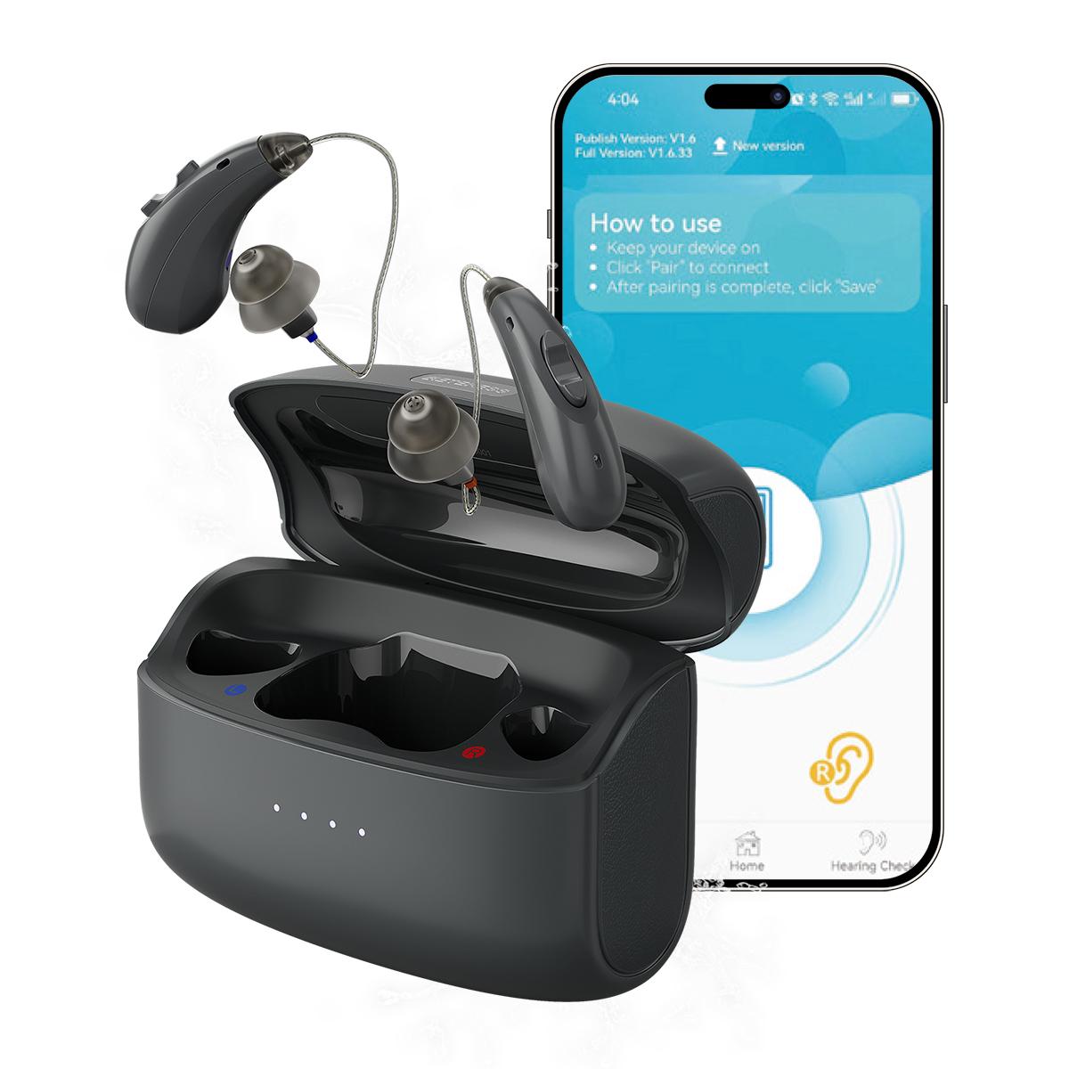Retekess TE105 RIC Hörgerät mit Bluetooth und App-Unterstützung, IP68 wasserdicht, 84H, 5 Modi,für mittelgradigen bis hochgradigen Hörverlust Senioren