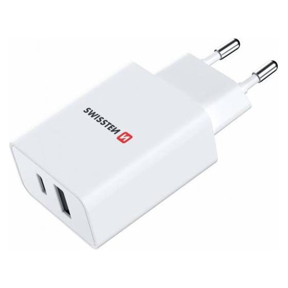 Swissten TRAVEL CHARGER Power Delivery 30W 1x USB-C + 1x USB Weiss (30 W, 2 Ports) (22037000)