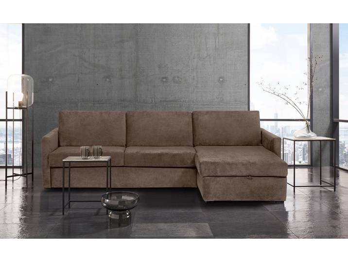 Schlafsofa, Luxus-Microfaser, Braun 264×157 cm, Schlaffunktion & Bettkasten, Modern, Places of Style