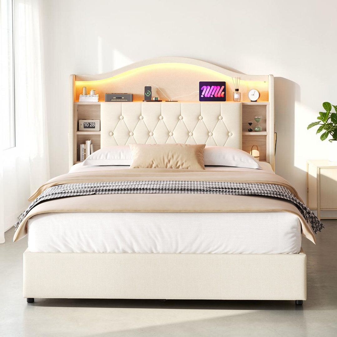 Brayden Studio Cassello Upholstered Ottoman Bed Beige Double (4'6)