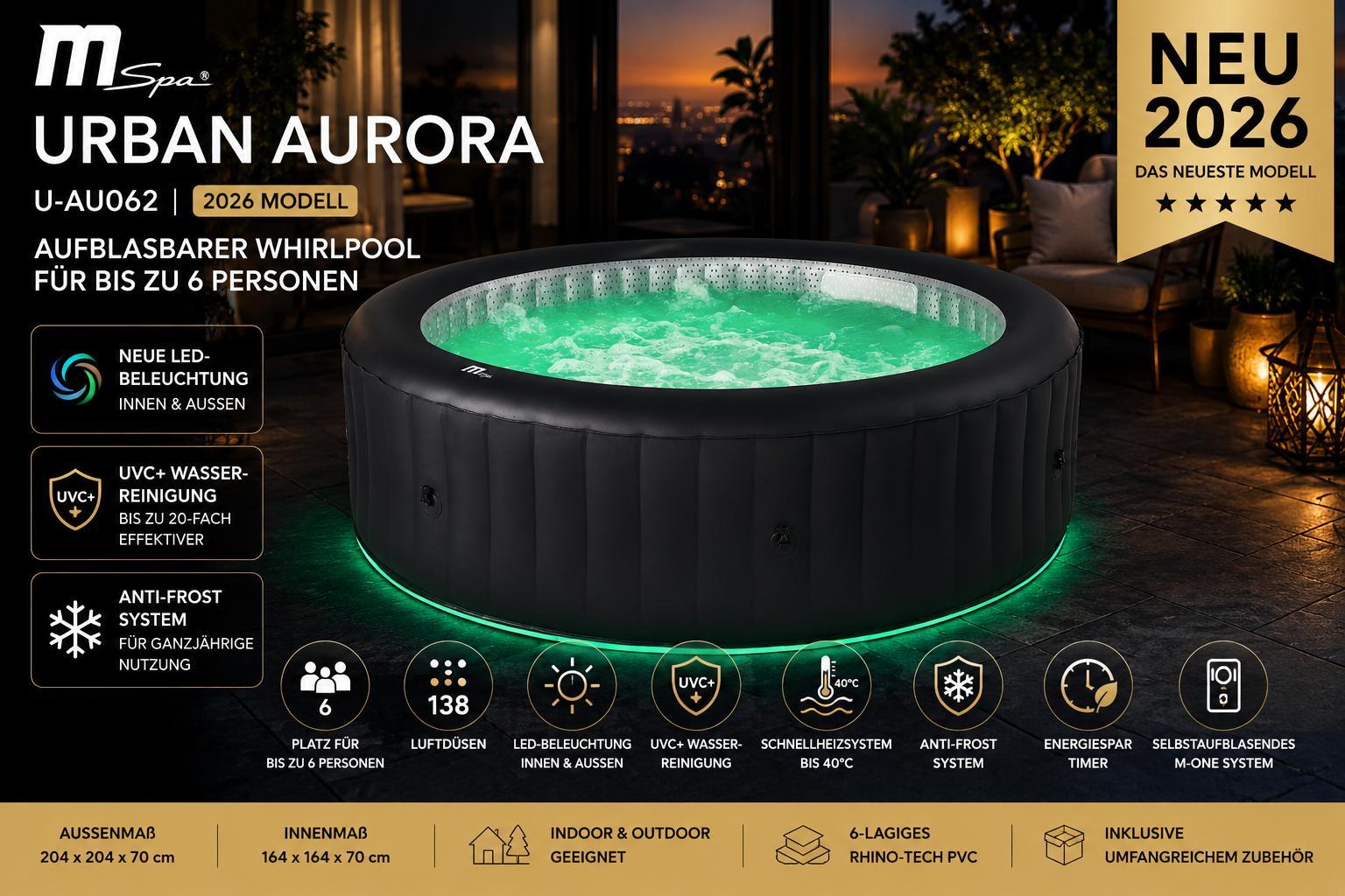 MSpa Whirlpool aufblasbar 2026 AURORA Outdoor Pool inkl. LED XXL 6 Personen NEU - 138 Luftdüsen - Farbwechsel - winterfest - ganzjährig - UVC