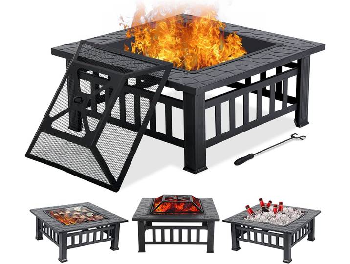 Table de foyer de 32 pouces pour l'extérieur, foyer carré en bois avec écran d'étincelle, Poker de pompiers pour le Camping, l'arrière-cour, le Patio